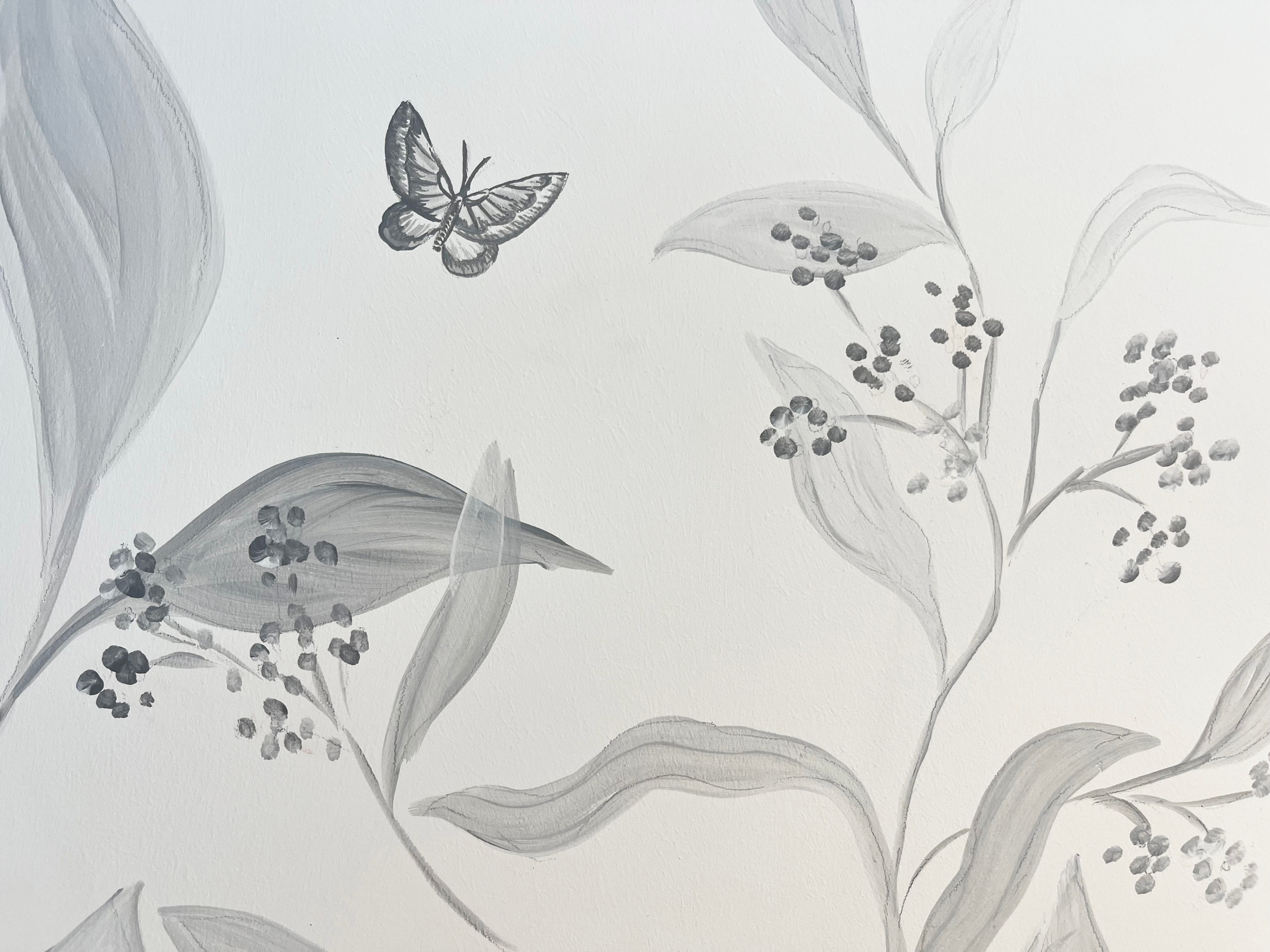 Hand Painted Grey Floral Mural for Modern Kitchen